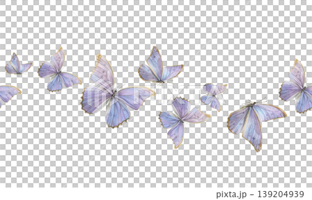 Seamless border of iridescent lilac-blue butterflies in varied sizes and flight poses. Hand-painted watercolor illustration on white background. Ideal for textiles, packaging, stationery 139204939