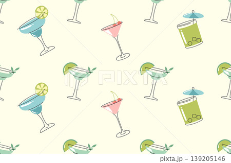 Cocktail seamless pattern with elegant drink glasses and tropical beverages in hand drawn doodle style for wallpaper and summer surface design Cocktail seamless pattern with elegant drink glasses and tropical beverages in hand drawn doodle style for wallpaper and summer surface design 139205146