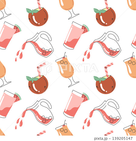 Cocktail seamless pattern with pouring drinks glasses and splashes in hand drawn doodle style for summer textile and packaging design 139205147