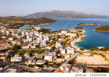 Aerial view of coastal area of Albanian city of Ksamil on Mediterranean Sea 139205208