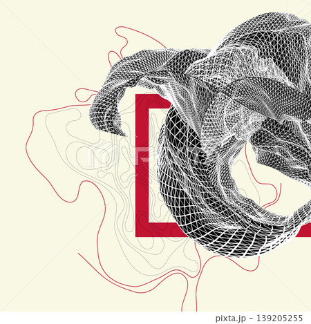 Abstract art composition with wireframe waves, geometric shapes, dots, and lines. Vector 139205255