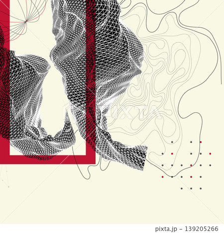 Abstract art composition with wireframe waves, geometric shapes, dots, and lines. Vector 139205266