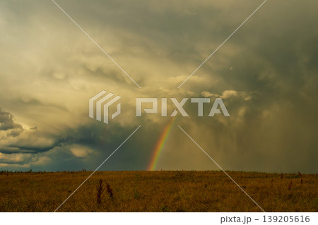 Storm clouds of thunderstorm and rainbow over a field in Lithuania Storm clouds of thunderstorm and rainbow over a field in Lithuania 139205616