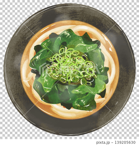 A realistic overhead illustration of "wakame udon" (seaweed udon). 139205630