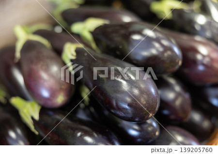 Nice batch of freshly gathered eggplants laying in market for sale Nice batch of freshly gathered eggplants laying in market for sale 139205760
