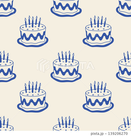 Seamless pattern with hand drawn blue birthday cakes and candles. Food print. Seamless pattern with hand drawn blue birthday cakes and candles. Food print. 139206270