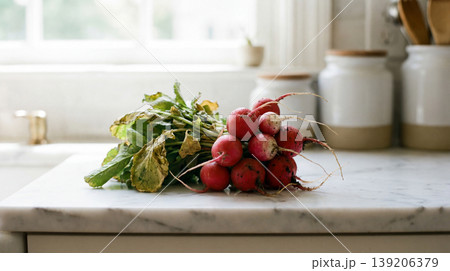 Bunch of fresh radishes with green leaves on a marble countertop the background is softly blurred suggesting a kitchen environment root vegetable greens plant based radishes nutrition Bunch of fresh radishes with green leaves on a marble countertop the background is softly blurred suggesting a kitchen environment root vegetable greens plant based radishes nutrition 139206379