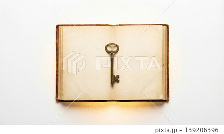Antique brass key resting on an open aged book with still life old book knowledge information document literature discovery metaphor treasure solution Antique brass key resting on an open aged book with still life old book knowledge information document literature discovery metaphor treasure solution 139206396