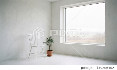 Bright white chair next to a potted plant in a minimalist room with large window corner room simple design modern interior light interior room decor small plant minimalist interior furniture Bright white chair next to a potted plant in a minimalist room with large window corner room simple design modern interior light interior room decor small plant minimalist interior furniture 139206402