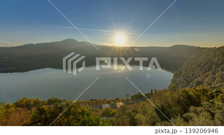 Panoramic view of Albano Lake coast at sunrise timelapse, Rome Province, Latium, central Italy Panoramic view of Albano Lake coast at sunrise timelapse, Rome Province, Latium, central Italy 139206946