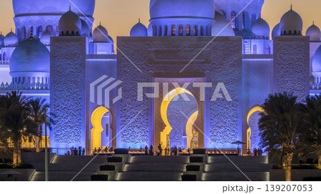 Sheikh Zayed Grand Mosque in Abu Dhabi day to night timelapse after sunset, UAE Sheikh Zayed Grand Mosque in Abu Dhabi day to night timelapse after sunset, UAE 139207053