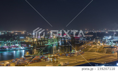 Commercial port of Singapore aerial night timelapse. 139207110