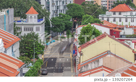 Aerial view of art deco shophouses along Neil road in Chinatown area timelapse 139207264