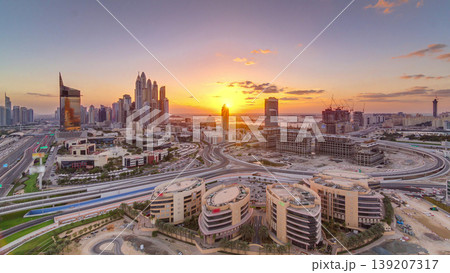 Sunset over Dubai Media City with Modern buildings aerial timelapse, United Arab Emirates 139207317