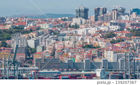 Panorama of Lisbon historical centre aerial timelapse viewed from above the southern margin of the Tagus or Tejo River. 139207367
