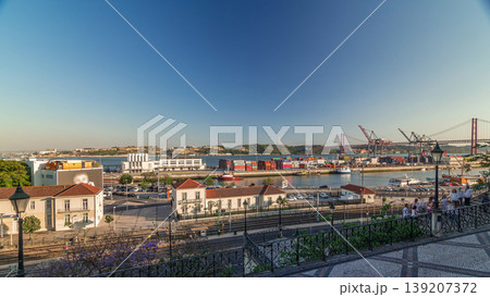 Skyline over Lisbon commercial port timelapse, 25th April Bridge, containers on pier with freight cranes Skyline over Lisbon commercial port timelapse, 25th April Bridge, containers on pier with freight cranes 139207372