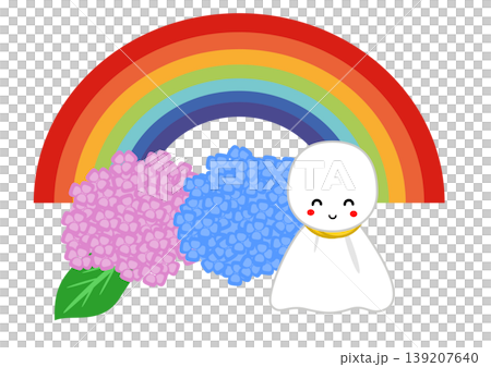 A rainbow, hydrangeas, and a smiling teru teru bozu (weather doll) – an image of the aftermath of the rainy season. A rainbow, hydrangeas, and a smiling teru teru bozu (weather doll) – an image of the aftermath of the rainy season. 139207640