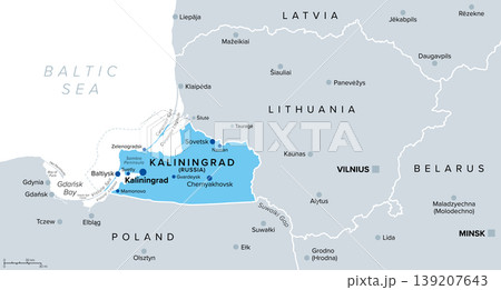 Kaliningrad and vicinity, blue and gray political map. Kaliningrad Oblast, exclave and westernmost federal subject of Russia on Baltic Sea, between Lithuania and Poland, with the Suwalki Gap. Vector 139207643