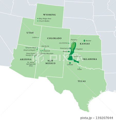 Helium production in the United States, political map. Helium-rich natural gas fields of USA, largest helium producer in the world, providing 40 percent of world supply. Isolated illustration. Vector 139207644