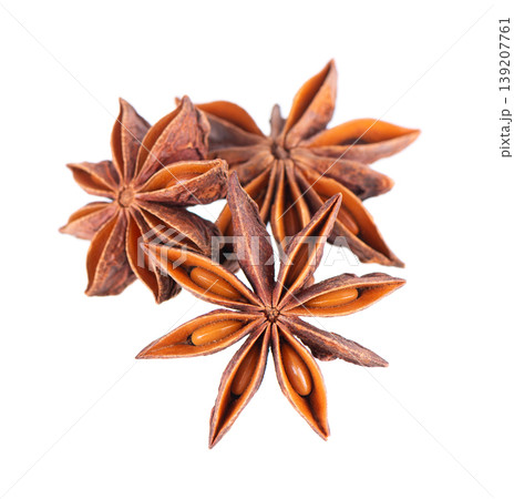 Star anise isolated on white background. Anise stars or badian spice. Clipping path. 139207761