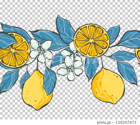 Fresh horizontal seamless border featuring yellow lemons and citrus slices with white flowers and blue leaves. 139207873