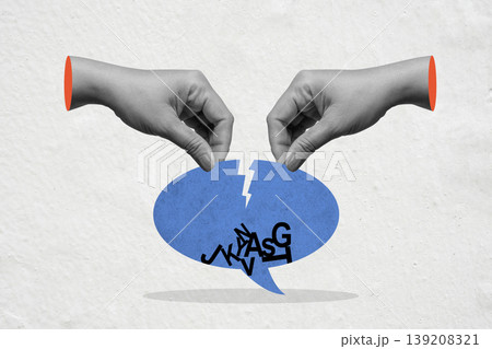 A surreal collage of two hands tearing a blue speech bubble filled with jumbled letters, symbolizing communication failure, censorship, or the deconstruction of language A surreal collage of two hands tearing a blue speech bubble filled with jumbled letters, symbolizing communication failure, censorship, or the deconstruction of language 139208321