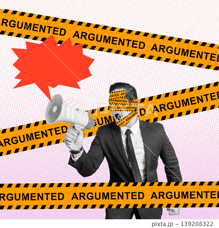 Contemporary art collage featuring a man in a suit shouting into a megaphone with caution tape over his eyes, symbolizing heated debates, media noise, and restricted speech Contemporary art collage featuring a man in a suit shouting into a megaphone with caution tape over his eyes, symbolizing heated debates, media noise, and restricted speech 139208322