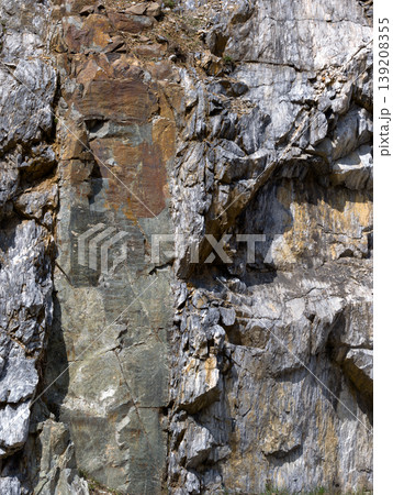 stone wall with vertical fractures and mineral deposits 139208355