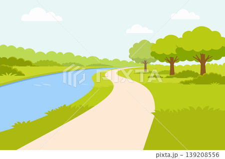 River landscape with winding path, green hills and mountains in flat vector style. 139208556