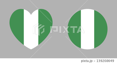 Flag of Nigeria heart, round icon, sticker set. National Nigeria flag badge. Nigerian flag heart, circle button, background. Nigeria flag banner. 139208649