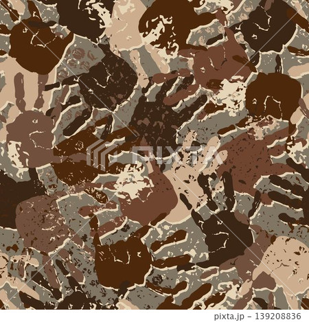 Seamless brown pattern with paint child sized handprints. Camouflage grunge style. Random messy composition with cracked scuffed effect. Print for apparel, textile design 139208836
