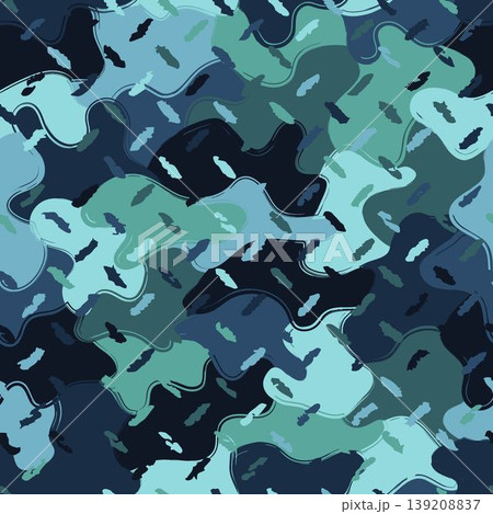Seamless blue camouflage pattern with scattered oval speckles, spots. Overlapping irregular patches on background. Grunge contour of figures. For clothing, fabrics, textiles, sporting goods 139208837