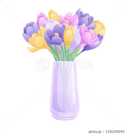 A bouquet of crocuses in a vase on a white background. The concept of International Women's Day, Mother's Day, and birthday. Isolated vector illustration A bouquet of crocuses in a vase on a white background. The concept of International Women's Day, Mother's Day, and birthday. Isolated vector illustration 139209045