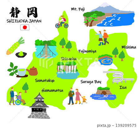静岡旅行、手描きの観光スポットと観光客フラットイラスト 静岡旅行、手描きの観光スポットと観光客フラットイラスト 139209575