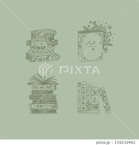 Book stack with flowers set green Book stack with flowers set green 139210462