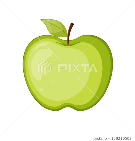 Ripe whole green apple with brown stem and single leaf Ripe whole green apple with brown stem and single leaf 139210502