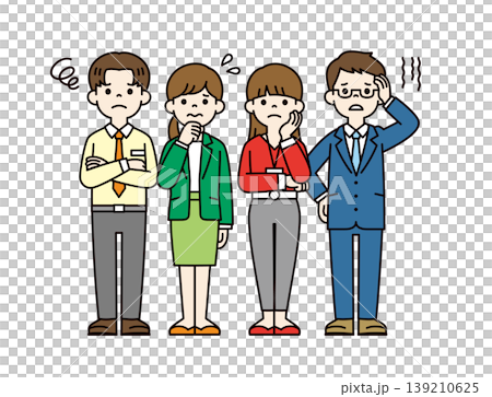A set of full-body vector illustrations of several young male and female business professionals with worried, troubled, or thinking expressions. 139210625