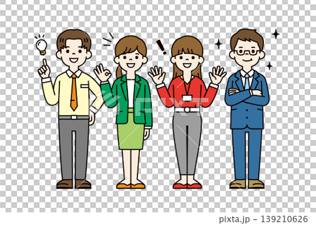 A set of full-body vector illustrations of a male and female employee with positive expressions after a problem has been resolved. 139210626