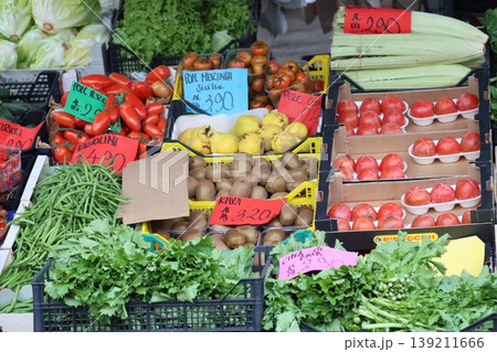 fruit and vegetable counter at the local market fruit and vegetable counter at the local market 139211666