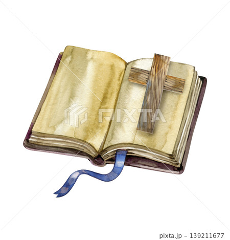 Watercolor hand drawn illustration of an open vintage Holy Bible with a wooden cross and a blue ribbon bookmark. Antique religious book with aged paper pages, symbolizing faith, prayer, and Watercolor hand drawn illustration of an open vintage Holy Bible with a wooden cross and a blue ribbon bookmark. Antique religious book with aged paper pages, symbolizing faith, prayer, and 139211677