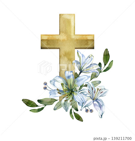 Watercolor hand drawn illustration of a simple golden cross with a floral bouquet. The composition features white and blue lilies with green leaves, representing a Christian symbol for Easter, Lent 139211700