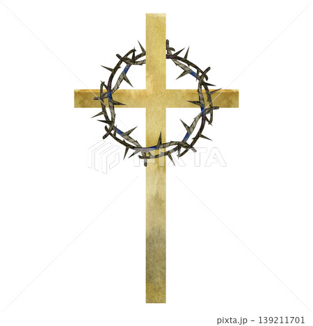 Watercolor hand drawn illustration of a simple gold wooden cross encircled by a thorn crown. Central Christian symbol of Jesus Christ's sacrifice, Easter, Lent, or faith on a plain white background. Watercolor hand drawn illustration of a simple gold wooden cross encircled by a thorn crown. Central Christian symbol of Jesus Christ's sacrifice, Easter, Lent, or faith on a plain white background. 139211701