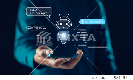 virtual ai assistant chatbot code interface artificial intelligence automation system provides smart digital support, person holds mobile phone while using advanced software features in hand 139211973
