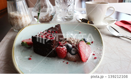 Chocolate Cake Dessert with Fresh Berries and Coffee Chocolate Cake Dessert with Fresh Berries and Coffee 139212108