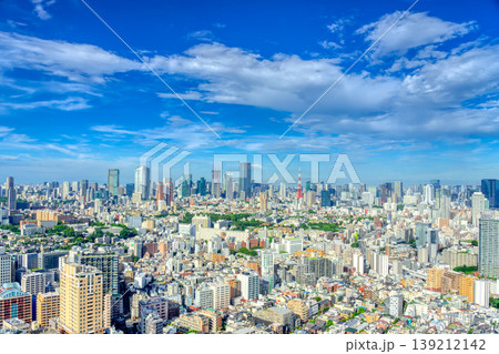 青空が広がる東京の摩天楼と高層ビル群の都市風景 139212142