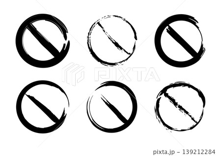 Black prohibition signs collection with grunge brush stroke texture and stop symbols 139212284