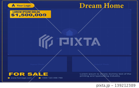 Professional real estate flyer template for property sale featuring a dark blue theme with yellow accents including placeholders for main property interior and exterior photos with pricing and contact 139212389