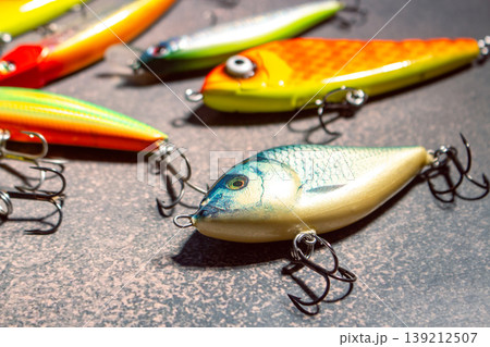 Special different colorful fishing tackles. Preparing for fishing 139212507