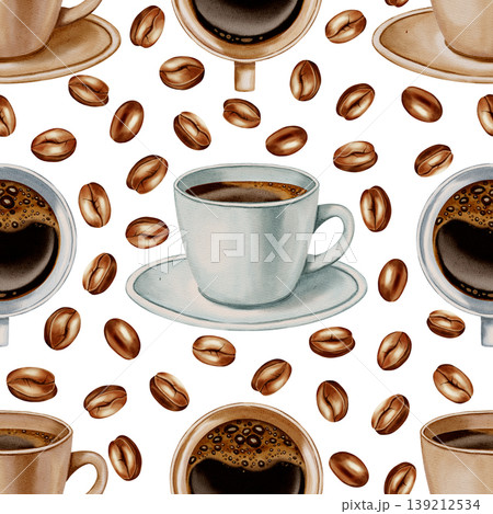 A seamless watercolor pattern featuring pastel coffee cups and roasted coffee beans. Perfect for coffee shop branding, menus, packaging, and textile prints. A seamless watercolor pattern featuring pastel coffee cups and roasted coffee beans. Perfect for coffee shop branding, menus, packaging, and textile prints. 139212534