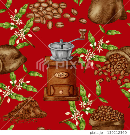 Hand painted watercolor seamless pattern with vintage coffee grinder, jute sacks, beans, and coffee flowers. Great for cafe, shop, menu, and product packaging design. 139212560
